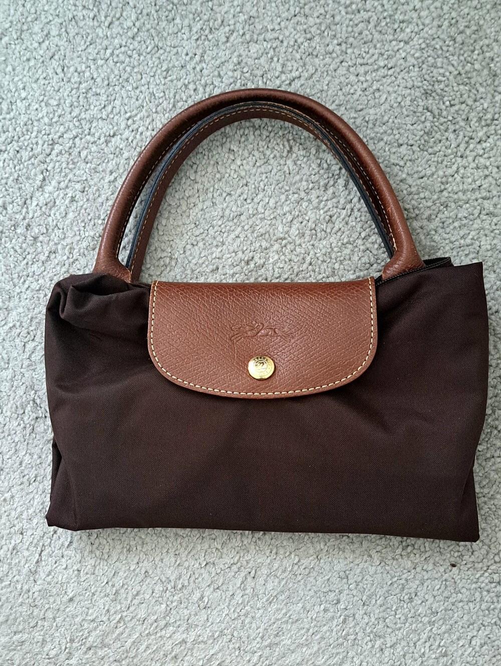 Longchamp Brown Nylon Mini Top-Handle Bag with Leather Trim